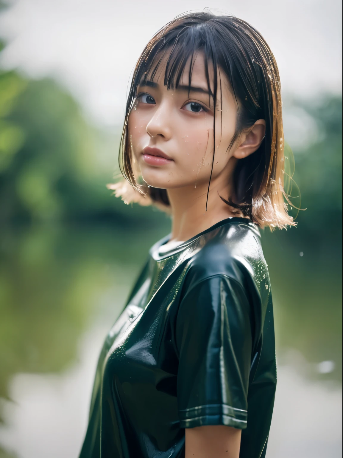 (8k, Top quality, Masterpiece:1.2), (Realistic, photo-realistic:1.37), Super detailed, perfect anatomy, cute, small eye, Fashion-model outfit, 18 years old, Japanese, girl, rainy, short sleeve, very wet hair, very wet clothes, close one's eyes, look up,
