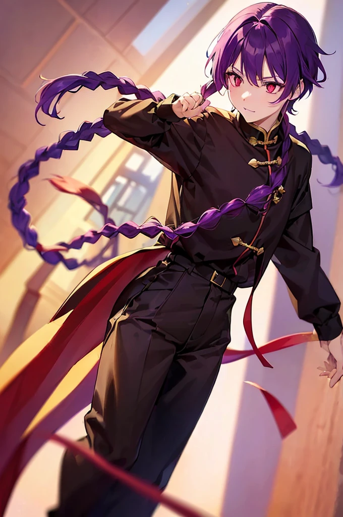 (((Purple Hair、Dye the inside of your hair red、Long Hair、Knot、Braid、Bright red eyes)))、((Cat ear、Cat、Cat&#39;s Tail))A man wearing black kung fu clothing、A young man with a determined look、Man standing facing forward、（White background）、{{masterpiece}}, The best quality of life