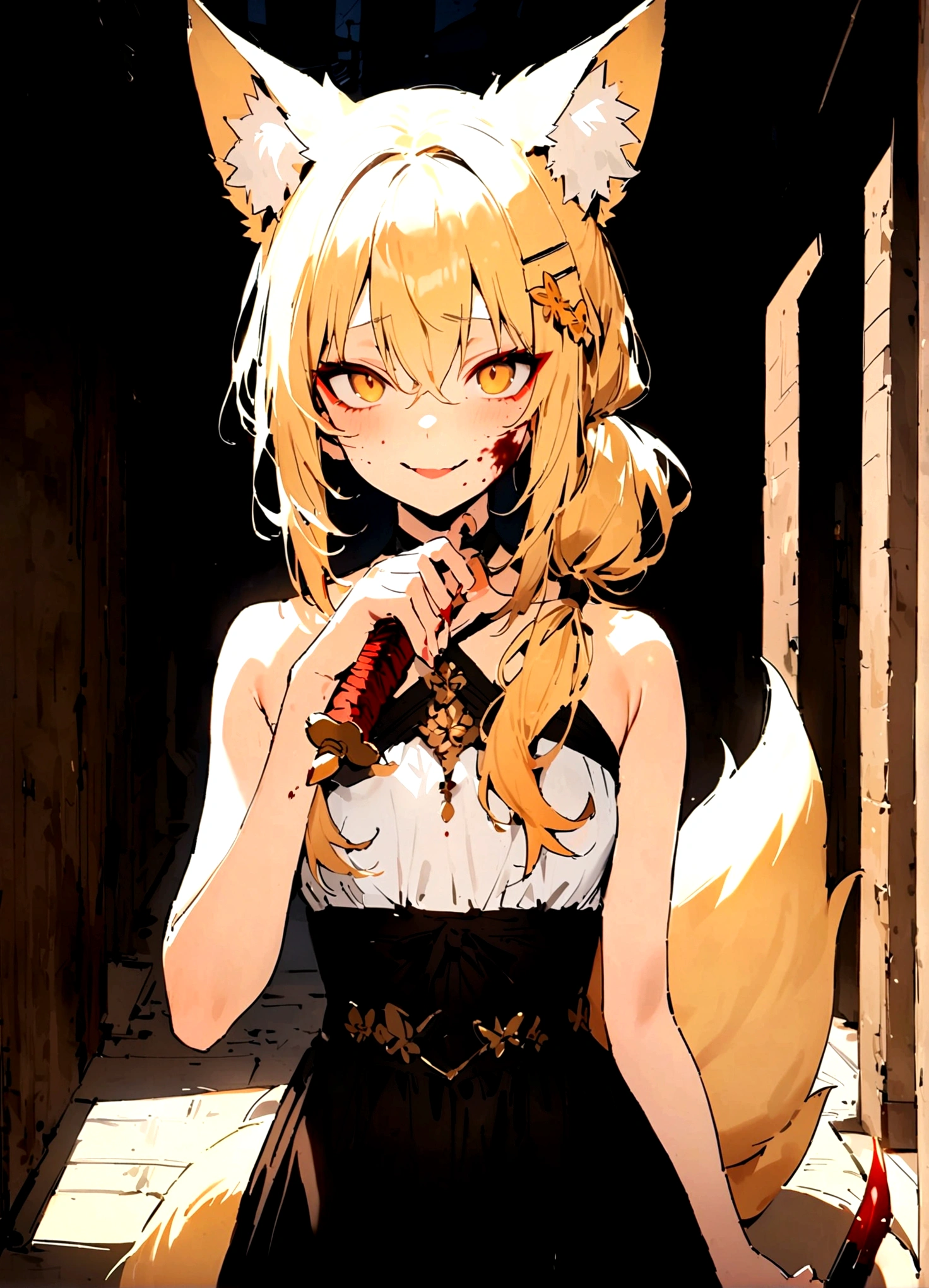(masterpiece, best quality) junior,detailed, (beautiful,small breasts), blonde,long hair, side ponytail(tied to the left),Hairpin decoration with gold butterfly, elegant, (fox ears),nine tailed fox tail, red eyeshadow, golden eyes, femur,dark background,Alley background,girl,Yandere expression,blood stains on face,blood stains on clothes,holding a sword hilt,bloody dagger(knife),evil smile