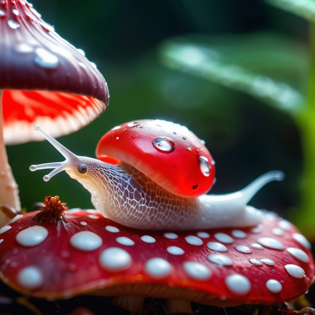 hyperrealistic extreme closeup macro photography, slimy translucent slug crawling on top of red and white mushroom, cinematic lighting, insane details, 64 megapixel DSLR