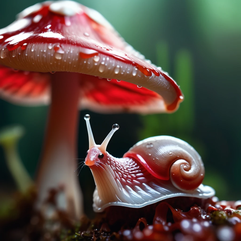 hyperrealistic extreme closeup macro photography, slimy translucent slug crawling on top of red and white mushroom, cinematic lighting, insane details, 64 megapixel DSLR