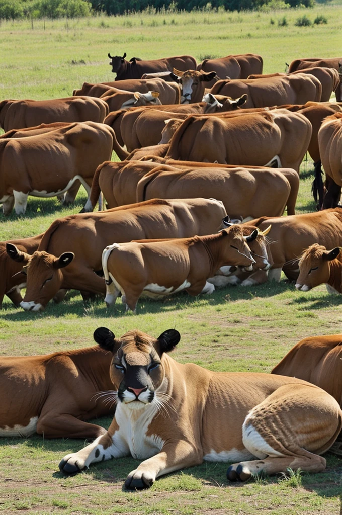 Puma that is sleeping next to many cows and thinking of a butterfly 