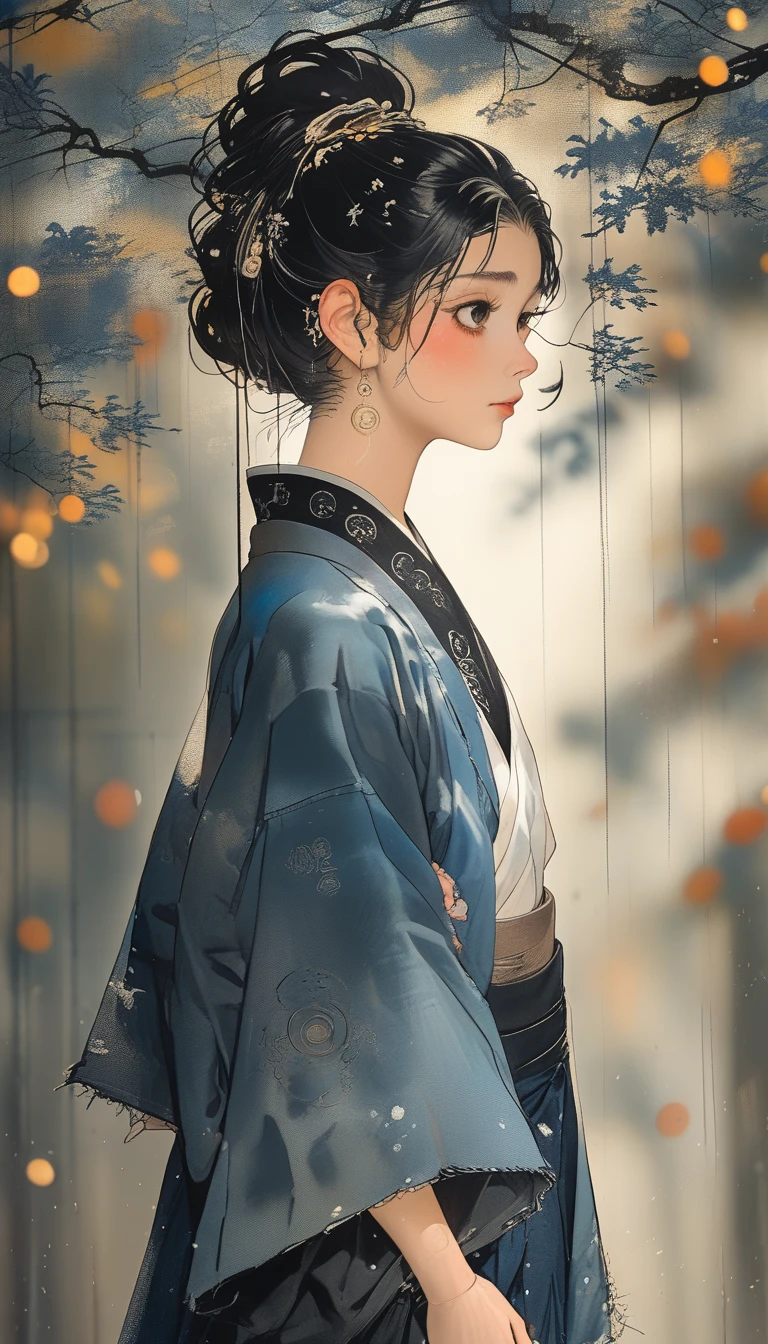 (Fidelity: 1.4), ((Black Hanfu)), Big Sleeves, Small Rings, Kan Tashi, Mole Under Eyes, Denim Lens, Bokeh, Perspective Shortening, Negative Space, Chiaroscuro, Depth of Field, Ray Tracing, Masterpiece, Anatomically Correct, Textured Skin, Best Quality, 8K, Ultra HD, Ccurate
