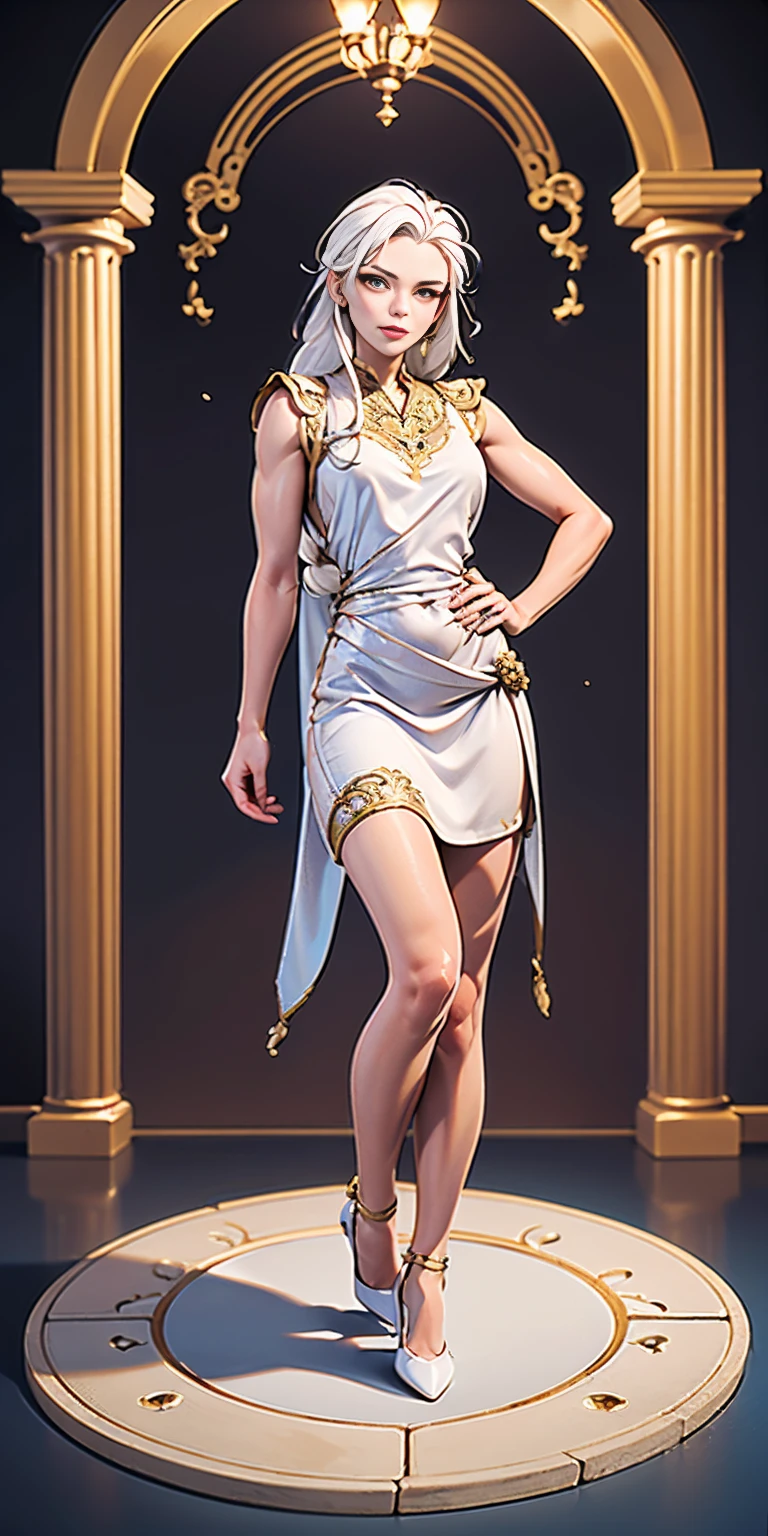 (masterpiece, best quality), intricate details, 1girl, Bridesmaid Muscular full body woman White hair White braid Motherly body smile Porcelain skin Red heels with feet together Long hair Hands on waist Navel Strong abs Direct look Perfect lighting Masterpiece High quality (good hands, best hands)