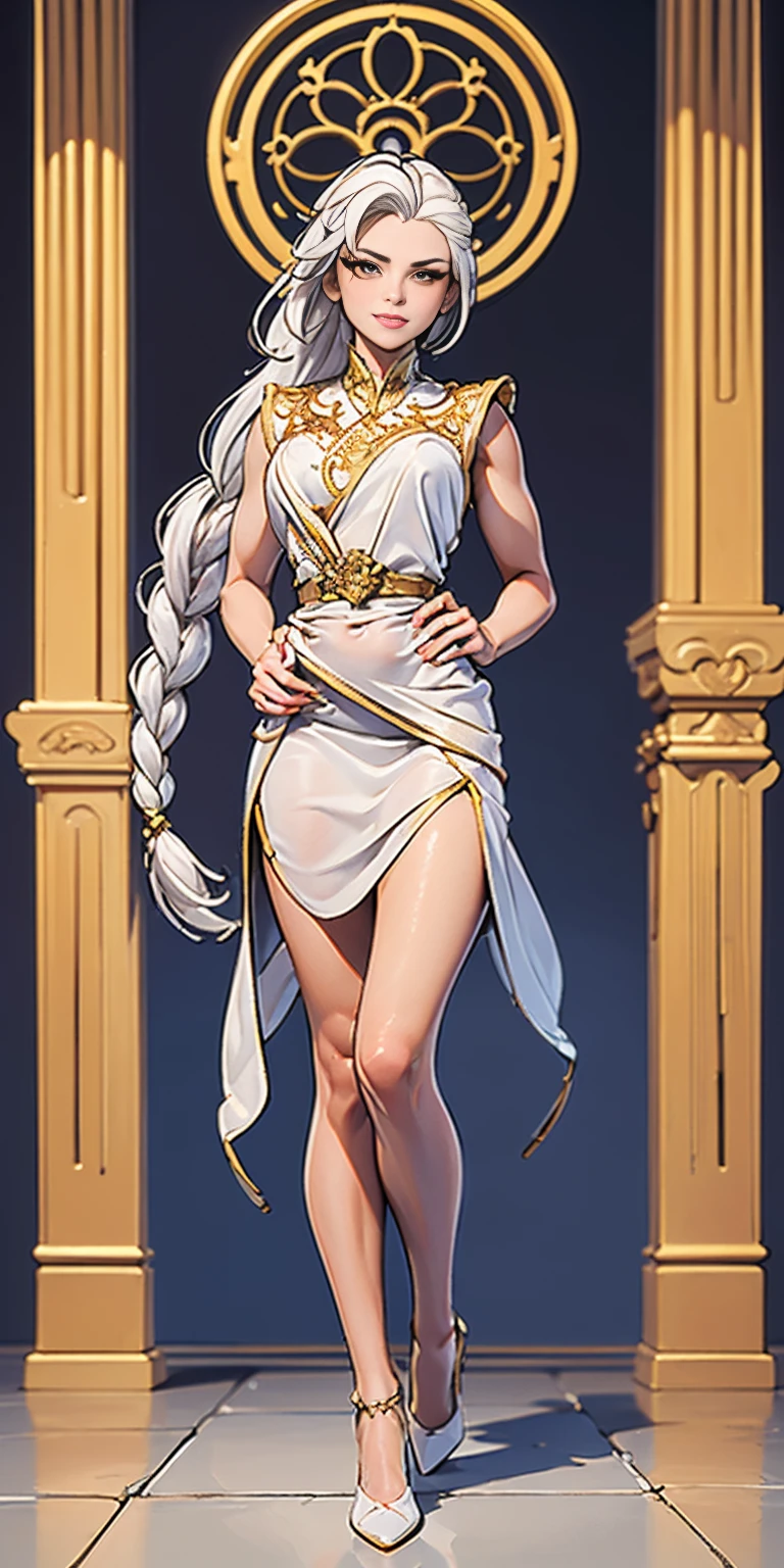 (masterpiece, best quality), intricate details, 1girl, Bridesmaid Muscular full body woman White hair White braid Motherly body smile Porcelain skin Red heels with feet together Long hair Hands on waist Navel Strong abs Direct look Perfect lighting Masterpiece High quality (good hands, best hands)