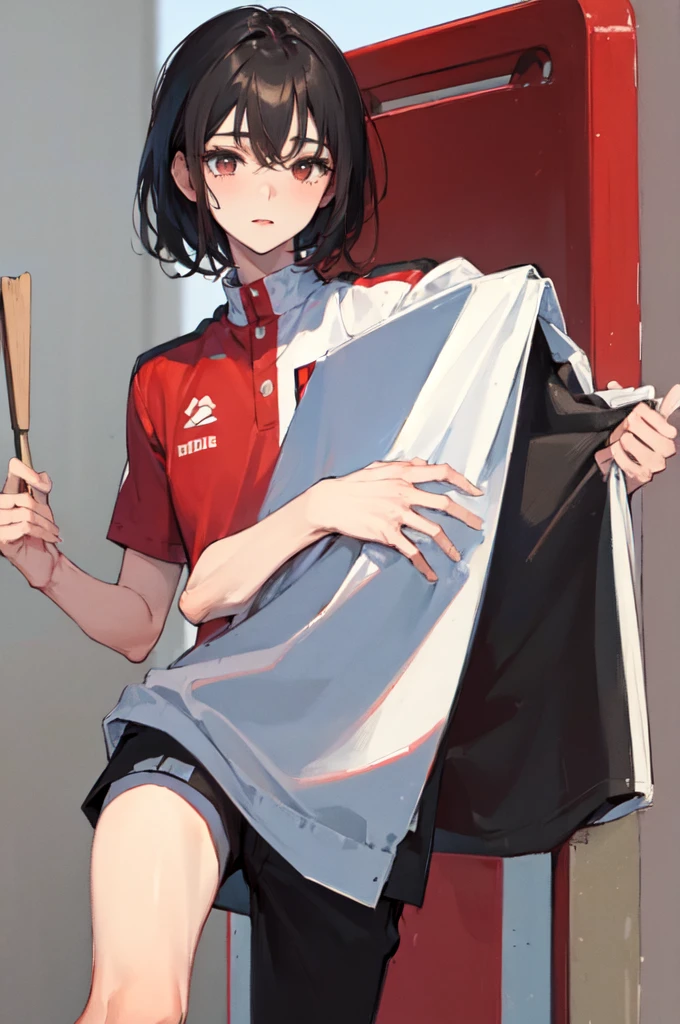 (masterpiece:1.5),(best quality:1.5), Tall boy, White, with asian features, with short black hair dressed in a solid red football-soccer uniform