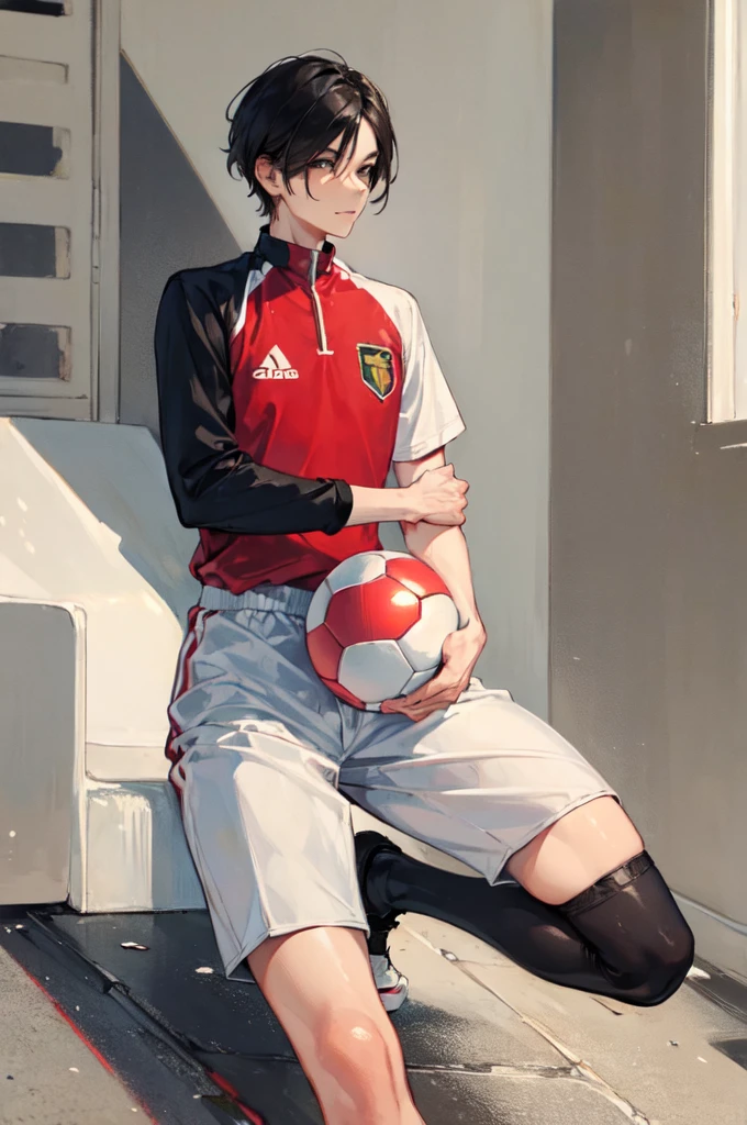 (masterpiece:1.5),(best quality:1.5), Tall boy, White, with asian features, with short black hair dressed in a solid red football-soccer uniform 