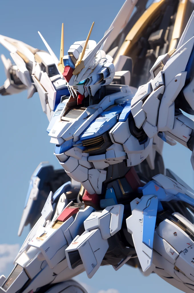 best quality, 8k, very delicate and beautiful, highly detailed face and skin texture, high resolution, blue gundam flying in the sky, sharp focus