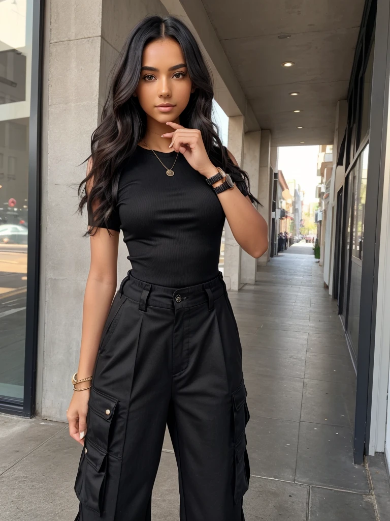 Age: 18-20 years
Hair: Long, black,
Eyes: Big, brown
Outfit: Trendy and fashionable Instagram ( dress, stylish top and short cargo pant)
Accessories: Wearing a black watch on her hand
Pose: Natural, confident
Background: Bright, modern setting with good lighting
