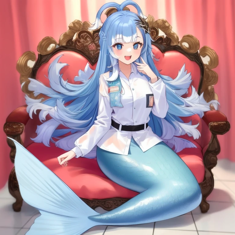 (masterpiece, best quality),  intricate details, 
1girl,   Kobo, Multicolored hair, Aqua eyes,  light blue hair, white hair tips, 
Gigantic breasts, smiling, opened mouth, wear white uniform, long Sleeve shirt, pool, mermaid tail below waistline, mermaid, gigantic breasts, wet shirt, sit, water,