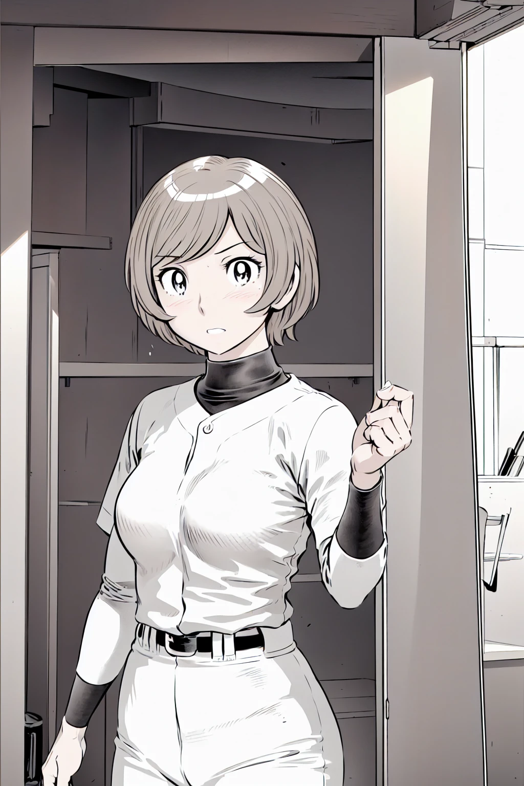 (野球uniform:1.2),
Blonde, (short hair:1.2),Long sleeve, Black Shirt, turtleneck,White trousers、uniform、Black belt、((Illustration of a person))、big 、
View your viewers,, (Highest quality:1.3),One Girl, White pants、uniform、Outdoor、baseball ground、ground、soil、blue eyes、Tight black shirt、(masterpiece、Highest quality)、Highest quality, Ultra-high resolution, (((masterpiece))), alone, Sweat、big eyes、big Breasts、One Girl, Front view、Embarrassed face、Bronze colored hair、((short hair))、Stand up straight、Cowboy Shot
