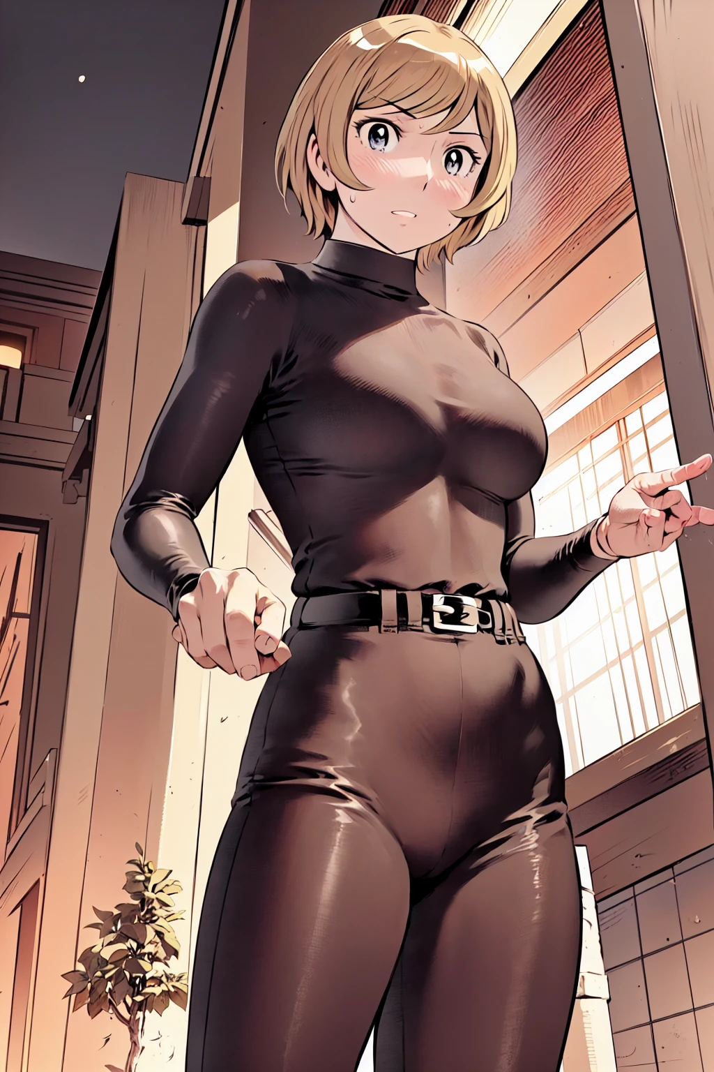 (野球uniform:1.2),
Blonde, (short hair:1.2),Long sleeve, Black Shirt, turtleneck,White trousers、uniform、Black belt、((Illustration of a person))、big 、
View your viewers,, (Highest quality:1.3),One Girl, White pants、uniform、Outdoor、baseball ground、ground、soil、blue eyes、Tight black shirt、(masterpiece、Highest quality)、Highest quality, Ultra-high resolution, (((masterpiece))), alone, Sweat、big eyes、big Breasts、One Girl, Front view、Embarrassed face、Bronze colored hair、((short hair))、Stand up straight、Cowboy Shot