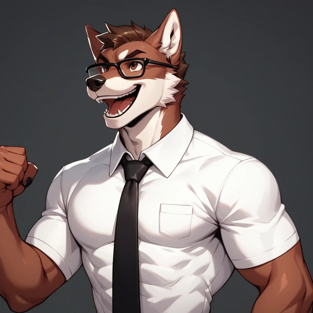 score_9,score_8_up,score_7_up, an Anthro furry male wolf, Tall and slender, short brown shaggy hair, brown eyes, black thick rim glasses, wearing white button up shirt, black tie, black slacks, simple white background, big smile, mouth open, lookin triumphant, holding up a fist, dynamic action, furrowed eyebrows, looking up, 