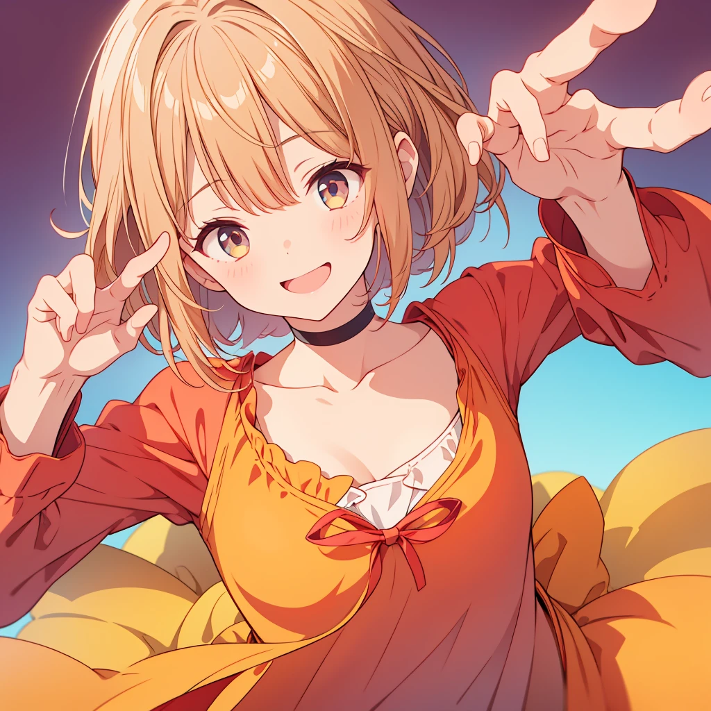 1girl、V sign next to head、Simple Background、smile、Focus on face and hands、The best composition、
