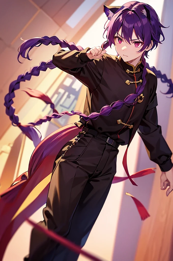 (((Purple Hair、Dye the inside of your hair red、Long Hair、Knot、Braid、Bright red eyes)))、((Cat ear、Cat、Cat&#39;s Tail))A man wearing black kung fu clothing、A young man with a determined look、Man standing facing forward、（White background）、{{masterpiece}}, The best quality of life