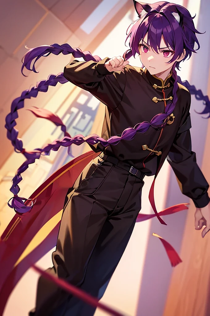 (((Purple Hair、Dye the inside of your hair red、Long Hair、Knot、Braid、Bright red eyes)))、((Cat ear、Cat、Cat's Tail))A man wearing black kung fu clothing、A young man with a determined look、Man standing facing forward、(White background)、{{masterpiece}}, The best quality of life