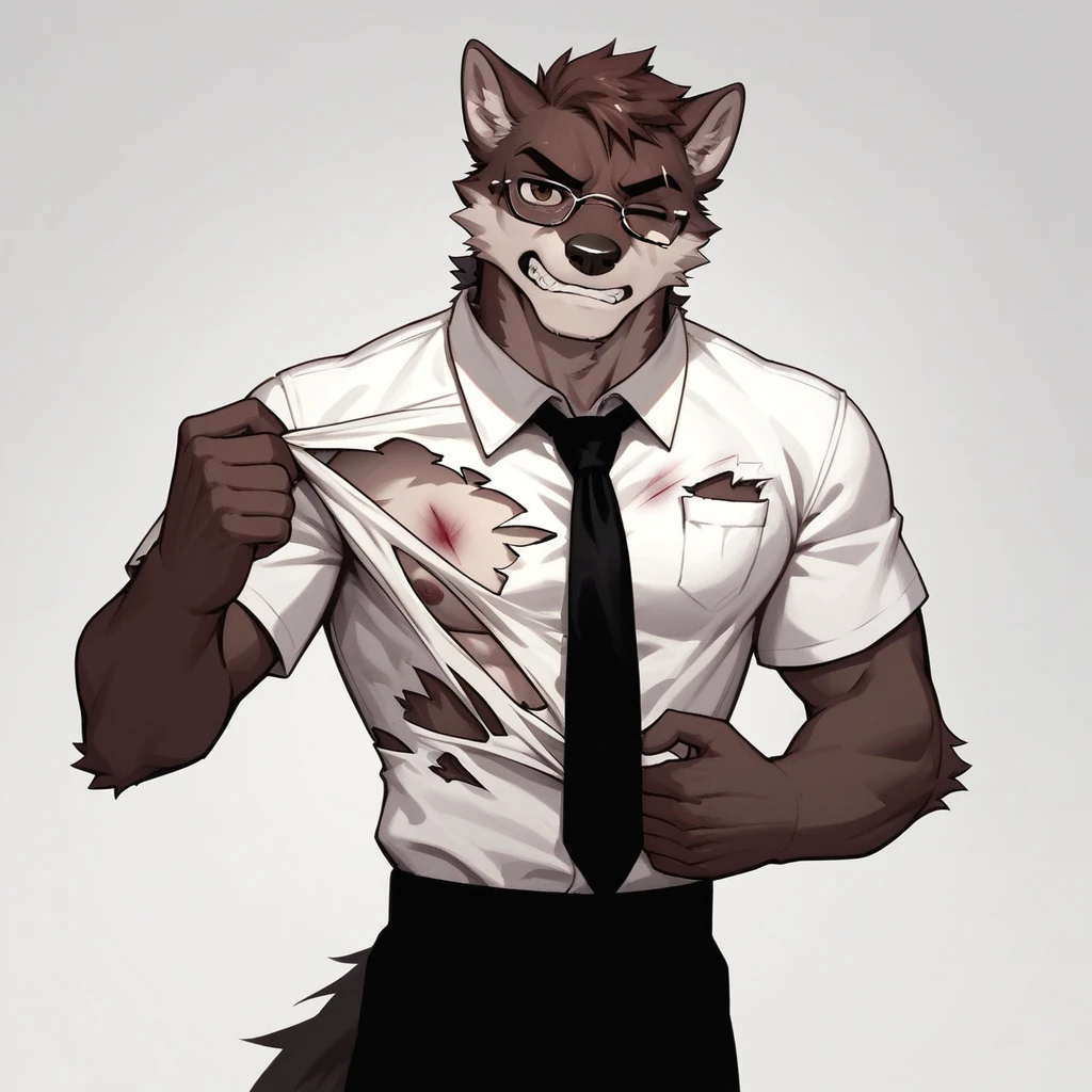 score_9,score_8_up,score_7_up, an Anthro furry male wolf, Tall and slender, short brown shaggy hair, brown eyes, one eye closed. One black eye, black thick rim glasses, cracked broken glasses, wearing white button up shirt, black tie, black slacks, ripped shirt, untied messy tie, simple white background, clenched teeth, frowning, lookin like he’s in pain, holding some cash dollars, limping, walking, beaten and bruised