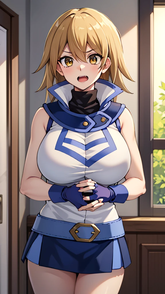 masterpiece, best quality, highres,1girl, solo, ta1, white jacket, sleeveless, blue skirt, fingerless gloves,  makurada junko, turtleneck, white vest, sleeveless, high collar, belt, blue miniskirt, huge breasts, arrogant, open mouth, cowboy shot, indoors, bedroom