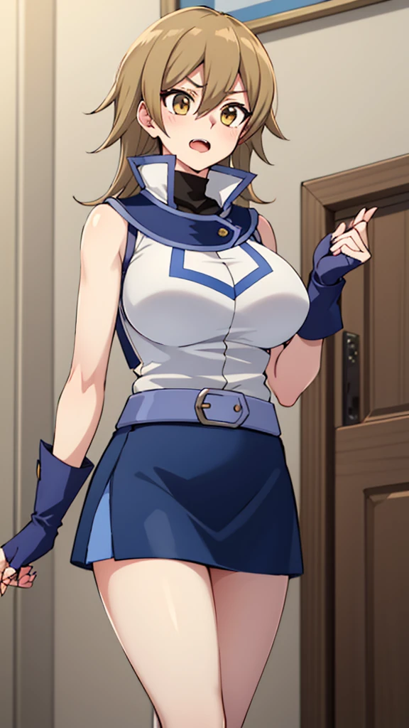 masterpiece, best quality, highres,1girl, solo, ta1, white jacket, sleeveless, blue skirt, fingerless gloves,  makurada junko, turtleneck, white vest, sleeveless, high collar, belt, blue miniskirt, huge breasts, arrogant, open mouth, cowboy shot, indoors, bedroom