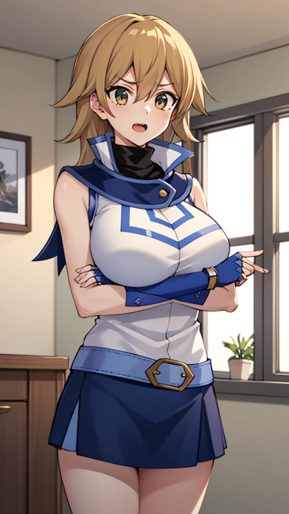 masterpiece, best quality, highres,1girl, solo, ta1, white jacket, sleeveless, blue skirt, fingerless gloves,  makurada junko, turtleneck, white vest, sleeveless, high collar, belt, blue miniskirt, huge breasts, arrogant, open mouth, cowboy shot, indoors, bedroom