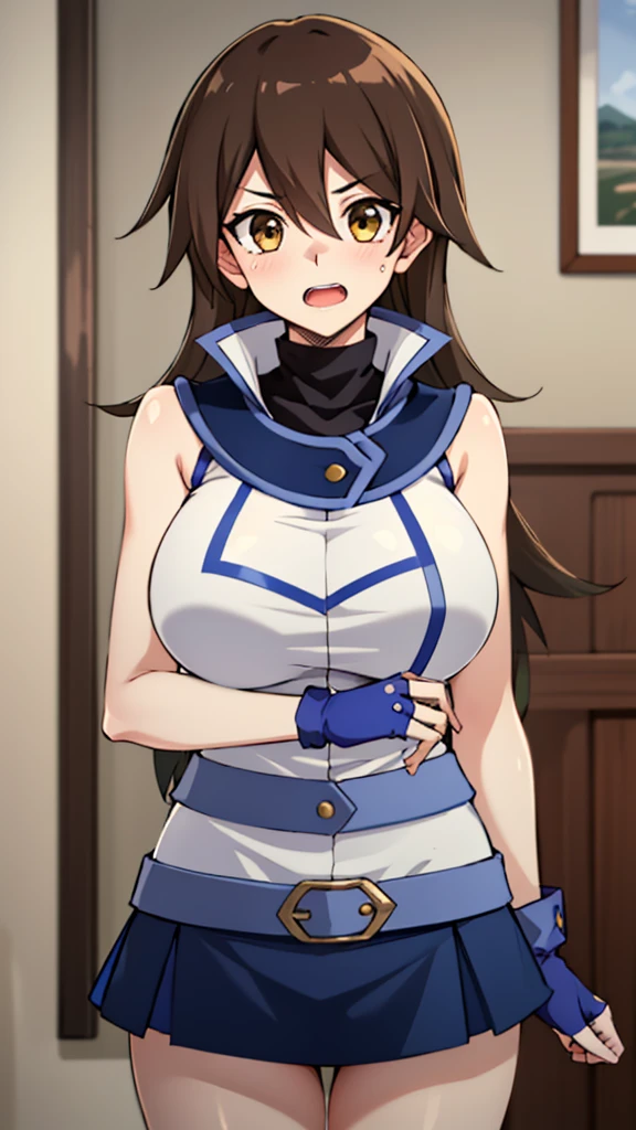 masterpiece, best quality, highres,1girl, solo, ta1, white jacket, sleeveless, blue skirt, fingerless gloves,  makurada junko, turtleneck, white vest, sleeveless, high collar, belt, blue miniskirt, huge breasts, arrogant, open mouth, cowboy shot, indoors, bedroom