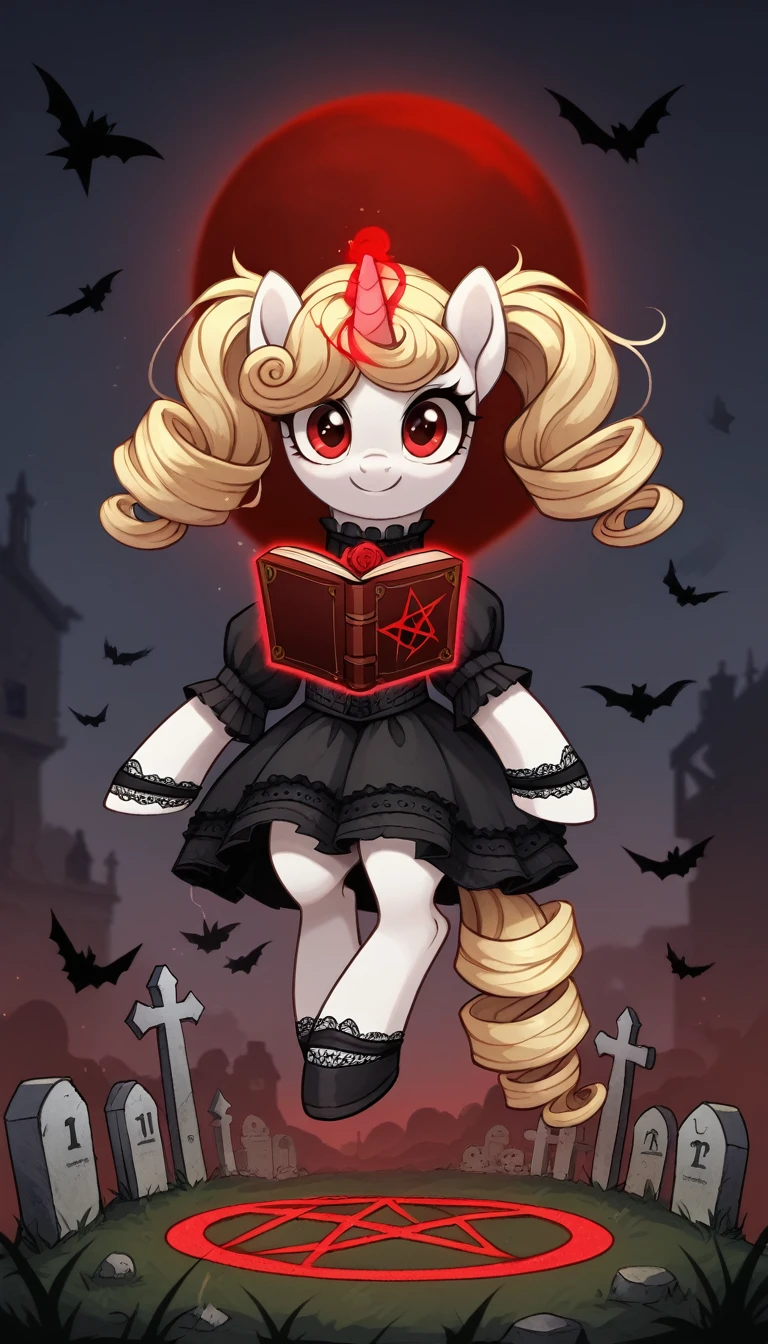 score_9,score_8_up,score_7_up,score_6_up, filly, unicorn, white fur, curly blonde hair, cute twintails, red eyes, Gothic pony, cute lolita fashion, glowing backlight, fashion show, graveyard, glitter, whimsical, enchanted, magical, fantasy art concept, intricate details, evil smile, blood splatter on face, floating, levitating spell book, glowing pentagram, glowing unicorn horn, red moon