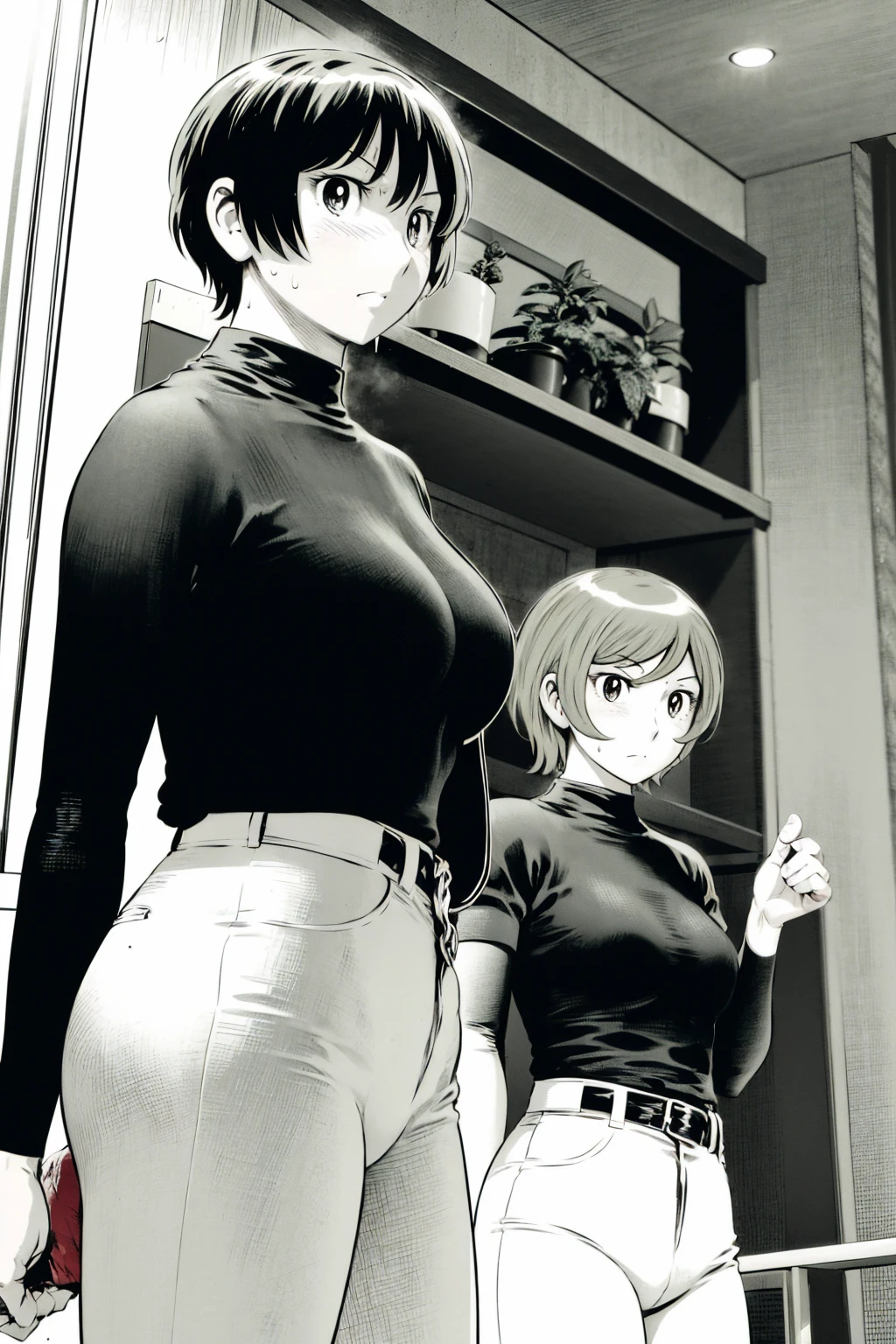 、(masterpiece、Highest quality)、Highest quality, Ultra-high resolution, (((masterpiece))), alone, Sweat、Big eyes,Tight black shirt、Tight white pants、belt、indoor、Composition from the front、（Cut the back hair short、short hair、blonde、woman）、Shortcuts、Embarrassed face、Cut your hair short、可愛いwomanの子、Big Breasts、office