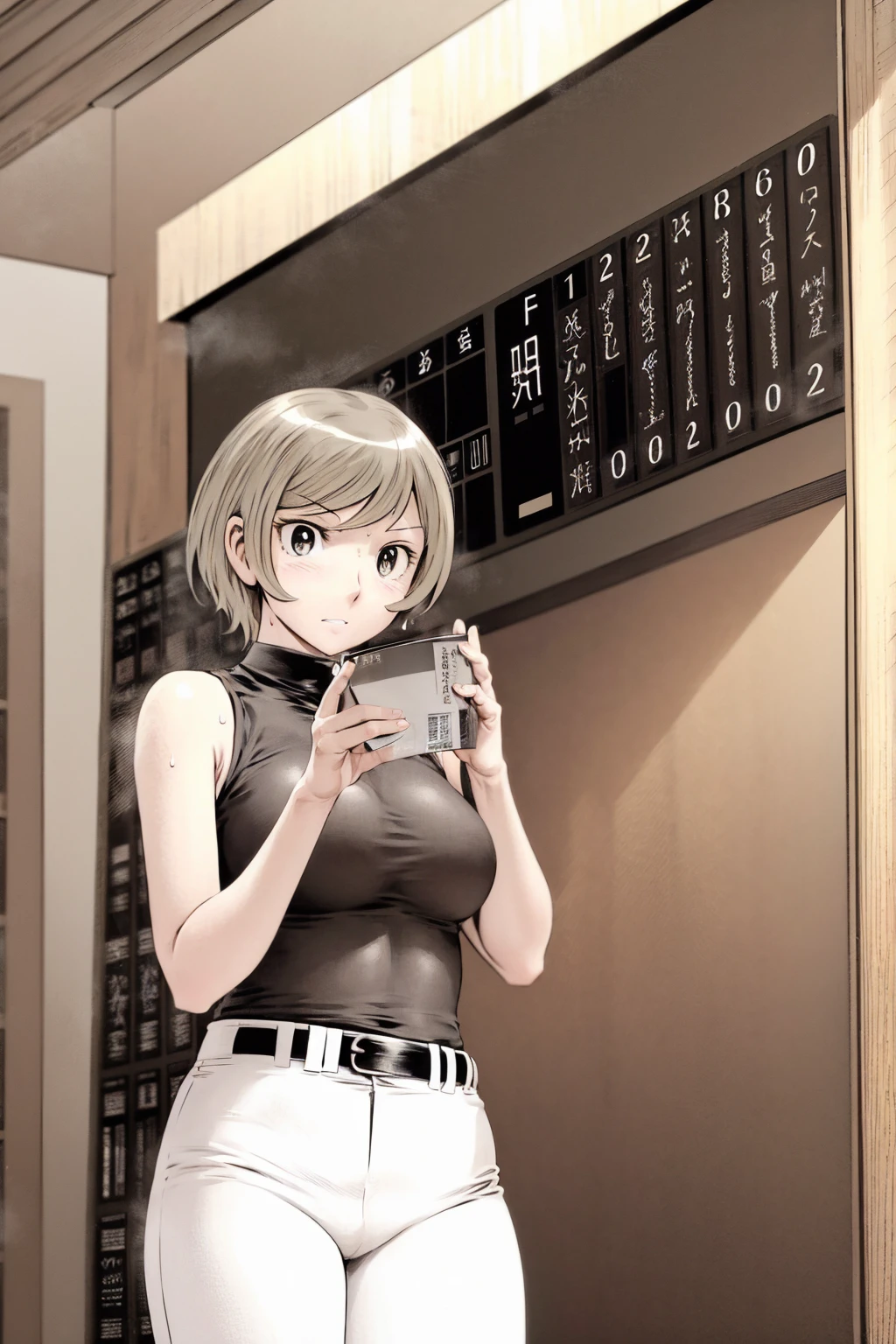 、(masterpiece、Highest quality)、Highest quality, Ultra-high resolution, (((masterpiece))), alone, Sweat、Big eyes,Tight black shirt、Tight white pants、belt、indoor、Composition from the front、(Cut the back hair short、short hair、blonde、woman)、Shortcuts、Embarrassed face、Cut your hair short、可愛いwomanの子、Big Breasts、office