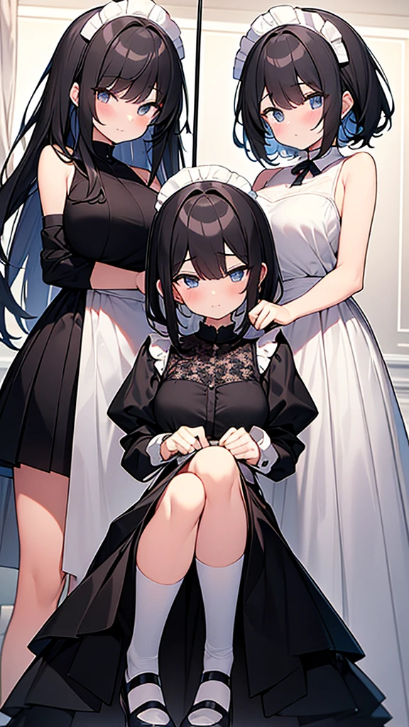 ((masterpiece)), (Highest quality、32k), (Simple style), (Faceless,Face peeling), 2 Girls, A maid with the ability to peel faces and a faceless princess, Big Breasts, Big Swing Chest, Wearing a face stolen from someone else, Sexy body, Sleeveless, No sleeve, Off the shoulder, Black Dress, Pleated lace, Lace dress, black knee socks. Standing, whole body, both hands touch the face, Luxurious Room, {{A maid who stole the princess's face by making it look blank.}}, Browsing Caution, NSFW