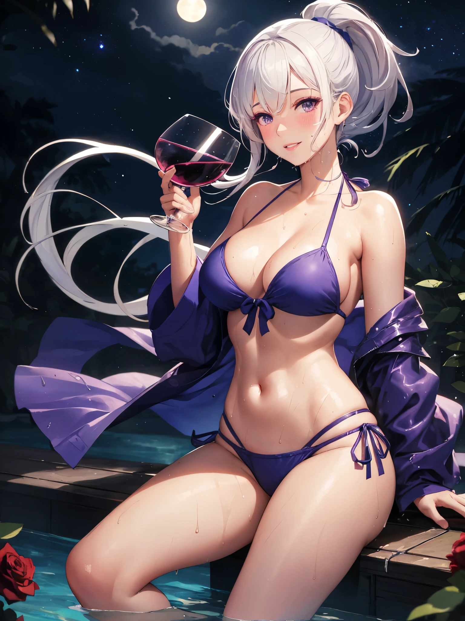 realistic, 1girl, ponytail, parted lips, blush, makeup, light smile, white hair, swimwear, short skirt, holding  wine glass, wet , glow, thighs, purple eye, bare shoulders, collarbone, narrow waist, starry skies, moonlight, roses foreground, wind, cleavage, (masterpiece), sweat,