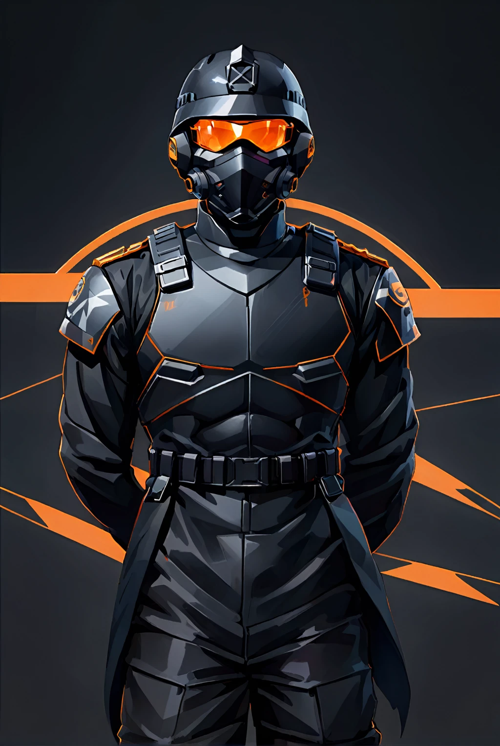 Anime style, better effects, 8k, better lighting, vivid colors. man with arms crossed, black clothing and military helmet with a orange visior, front view, background black, character sheet