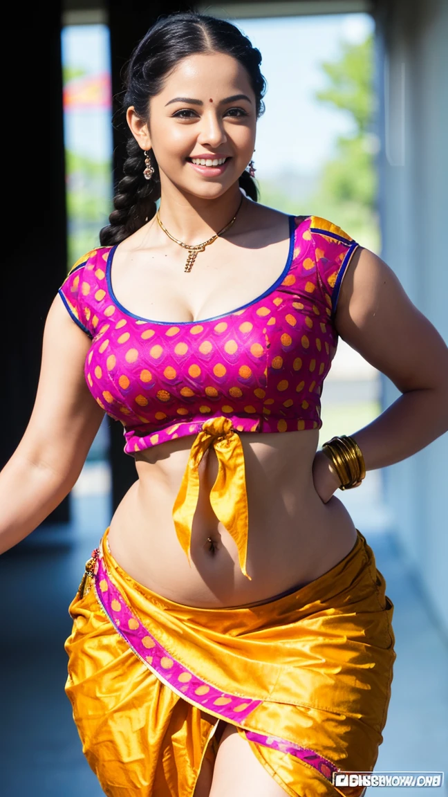 HD wallpaper 32k cinematic shoot of a Beautiful cute girl, with thick thighs and a curvy waist, twin braids,  wearing an Indian blouse top, horny, seductively, in a school corridor, dotted blouse top, smiling, ((long curvy waist)), ((lowwaist)), ((curvy waist))