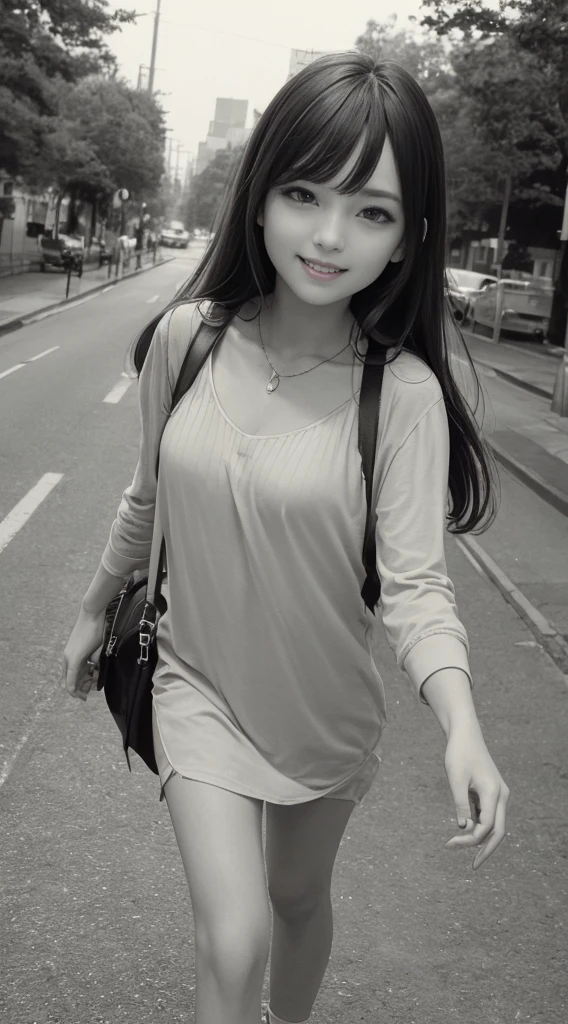 1 beutiful girl、croquis, slim body、tall、((Attractive casual clothes in black and white))、(Detailed beautiful eyes)、Take selfies on the road at night、((Long boyish red hair))、((Smaller face))、((Neutral face))、((American adult women))、((cool lady))、((Smiling expression))、((elongated and sharp eyes))、((Happy dating))、((boyish))、((She is walking in front of the viewer))、Professional Photos