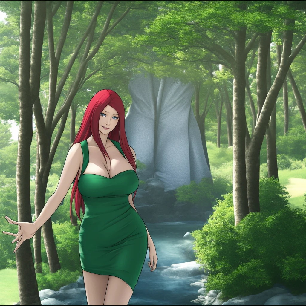uzumaki_kushina, large_, standing, solo, kushina_green_dress, masterpiece, best quality, detailed face, detailed eyes, highres, smile, happy, cherry blossom trees, onsen, realistic giant breast, of view,
