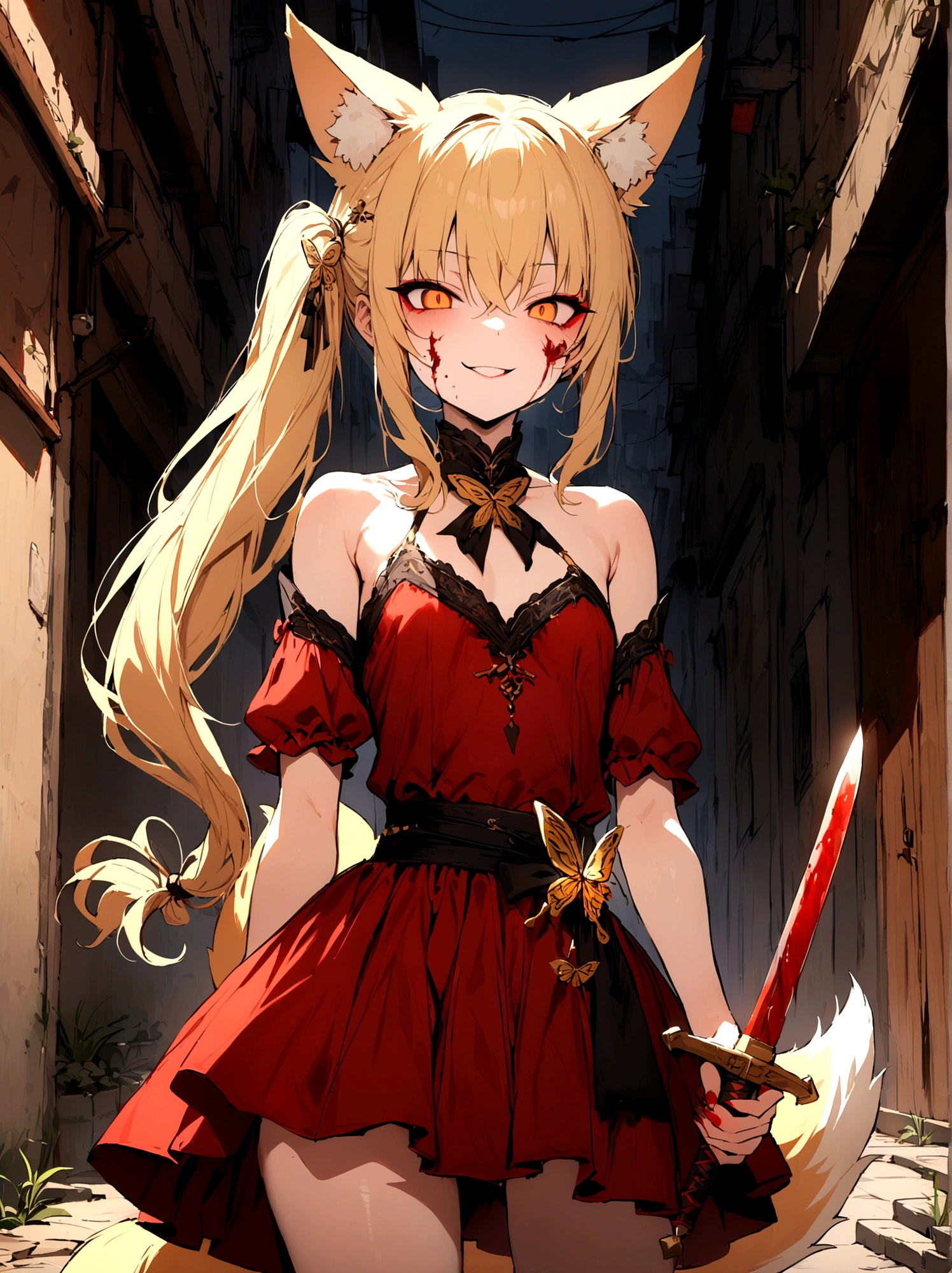 (masterpiece, best quality) junior,detailed, (beautiful,small breasts), blonde,long hair, side ponytail(tied to the left),Hairpin decoration with gold butterfly, elegant, (fox ears),nine tailed fox tail, red eyeshadow, golden eyes, femur，dark background,Alley background,girl,yandere eyes,bloody face,bloody clothes,holding a sword hilt,bloody dagger(knife),evil smile