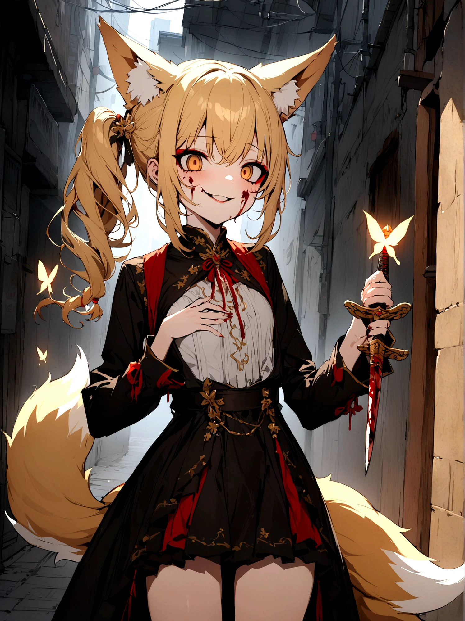 (masterpiece, best quality) junior,detailed, (beautiful,small breasts), blonde,long hair, side ponytail(tied to the left),Hairpin decoration with gold butterfly, elegant, (fox ears),nine tailed fox tail, red eyeshadow, golden eyes, femur,dark background,Alley background,girl,yandere eyes,bloody face,bloody clothes,holding a sword hilt,bloody dagger(knife),evil smile