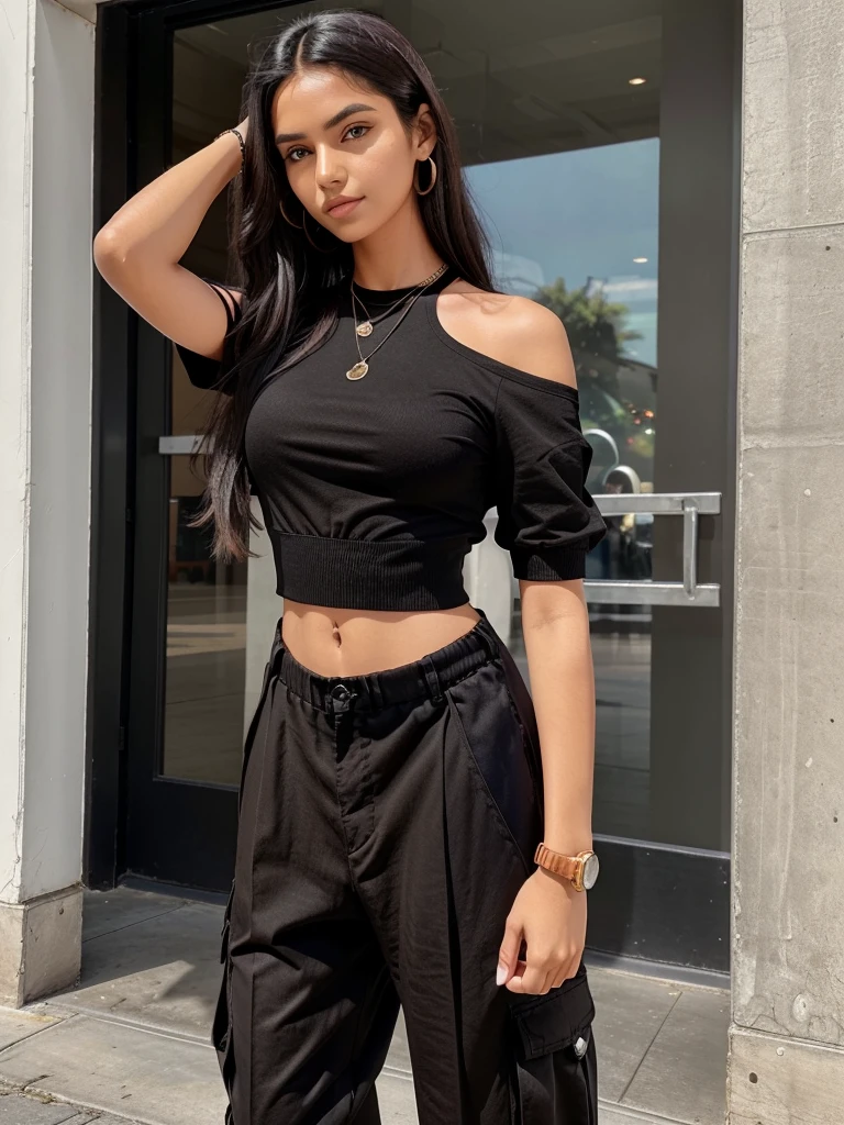 Age: 18-20 years
Hair: Long, black,
Eyes: Big, brown
Outfit: Trendy and fashionable Instagram ( dress, stylish top and short cargo pant)
Accessories: Wearing a black watch on her hand
Pose: Natural, confident
Background: Bright, modern setting with good lighting