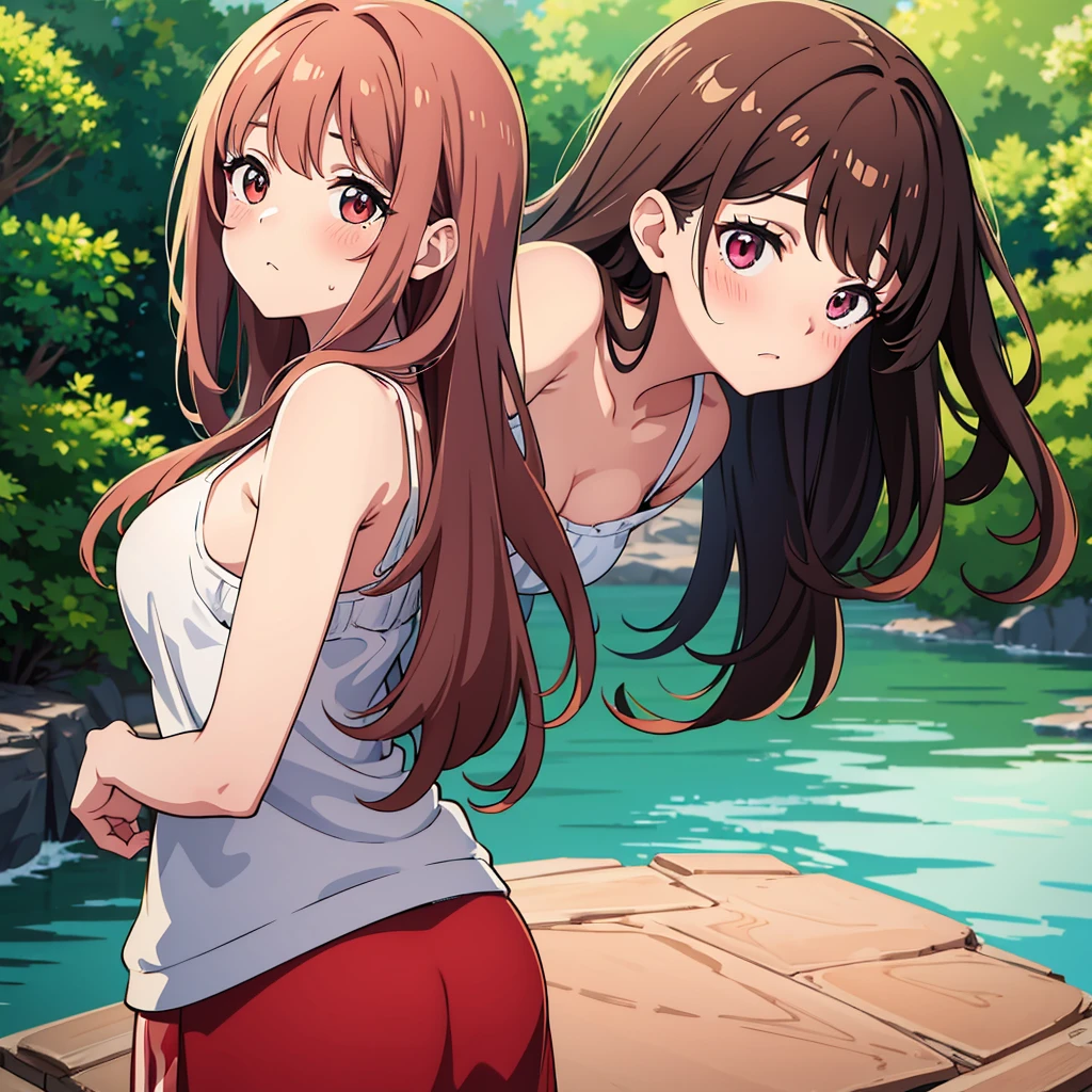 8k, masterpiece, best quality, 1 girl, college age, medium breasts , bangs, soft wavy hair , looking down, look back, red cheek, blush