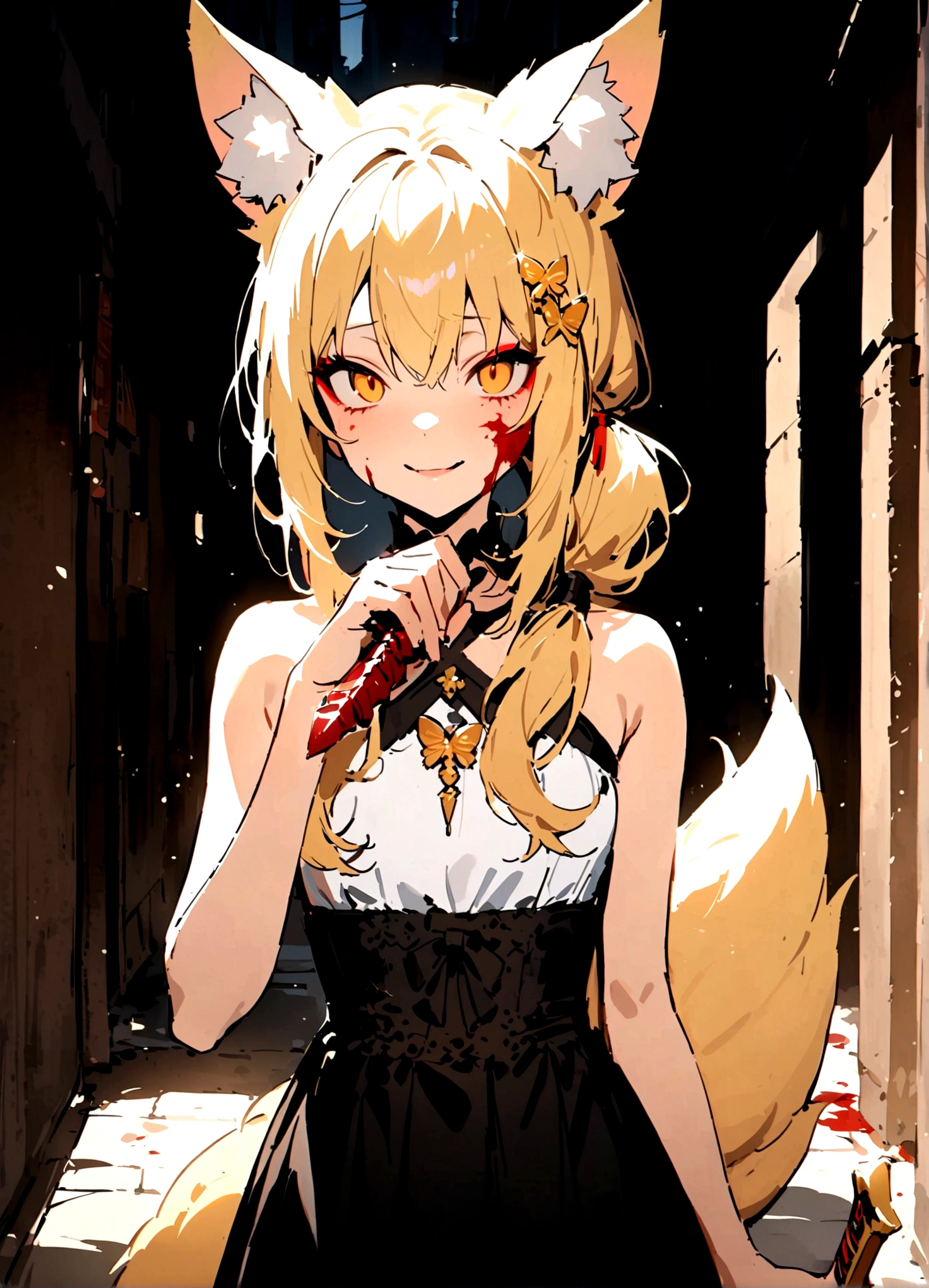 (masterpiece, best quality) junior,detailed, (beautiful,small breasts), blonde,long hair, side ponytail(tied to the left),Hairpin decoration with gold butterfly, elegant, (fox ears),nine tailed fox tail, red eyeshadow, golden eyes, femur,dark background,Alley background,girl,Yandere expression,blood stains on face,blood stains on clothes,holding a sword hilt,bloody dagger(knife),evil smile