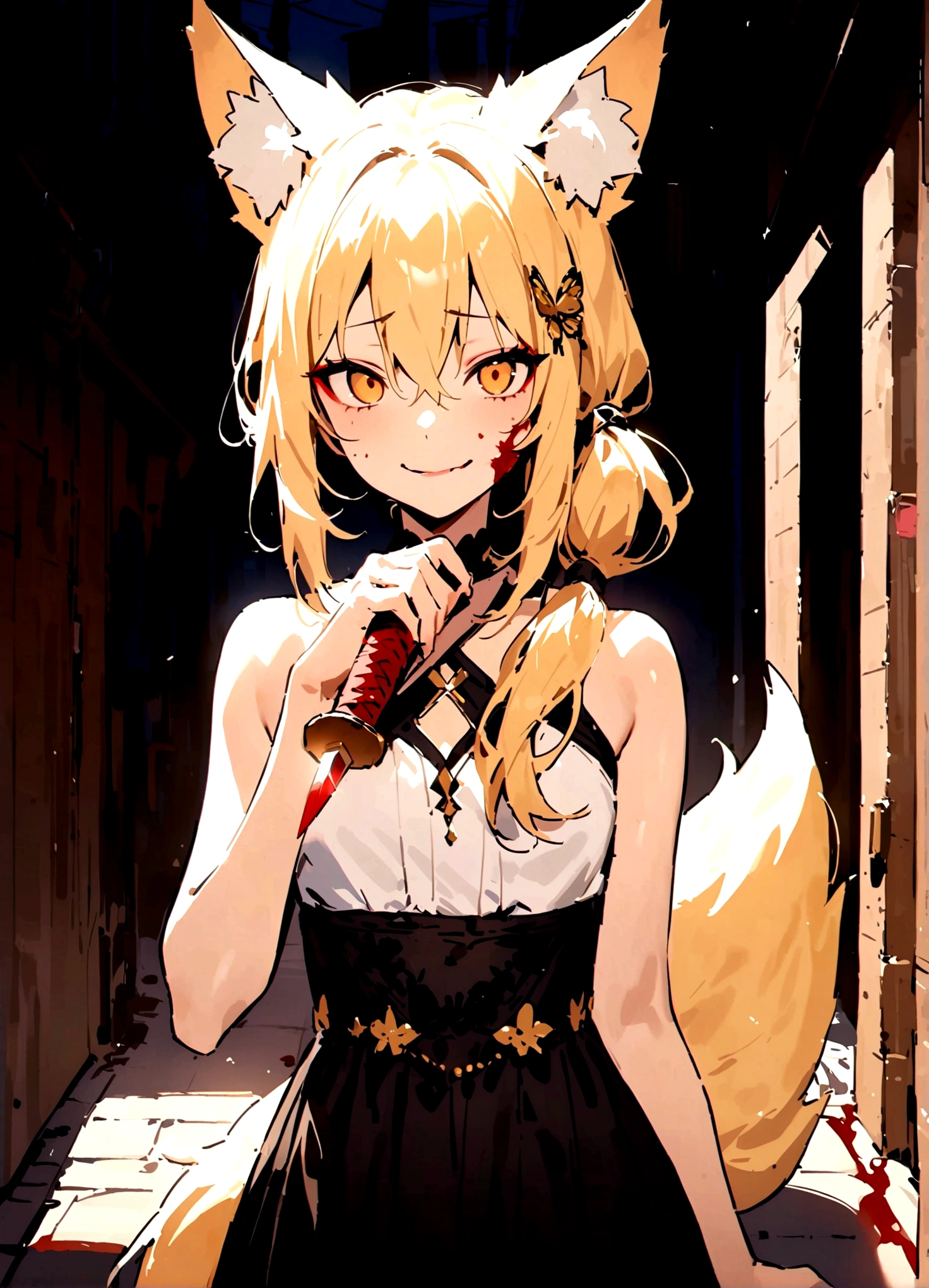 (masterpiece, best quality) junior,detailed, (beautiful,small breasts), blonde,long hair, side ponytail(tied to the left),Hairpin decoration with gold butterfly, elegant, (fox ears),nine tailed fox tail, red eyeshadow, golden eyes, femur,dark background,Alley background,girl,Yandere expression,blood stains on face,blood stains on clothes,holding a sword hilt,bloody dagger(knife),evil smile