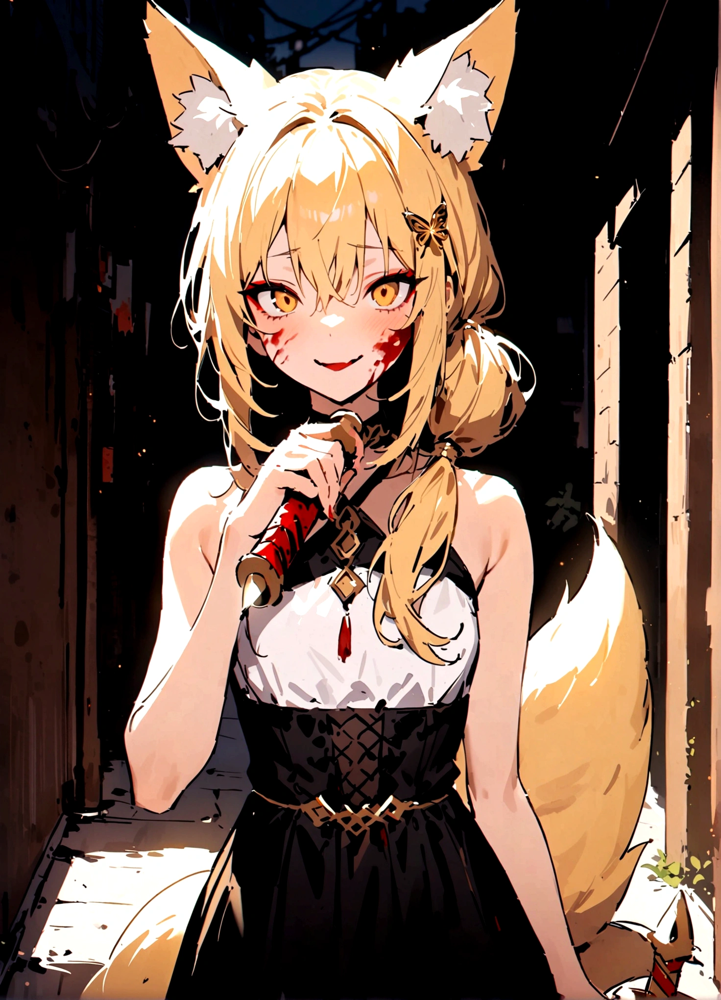 (masterpiece, best quality) junior,detailed, (beautiful,small breasts), blonde,long hair, side ponytail(tied to the left),Hairpin decoration with gold butterfly, elegant, (fox ears),nine tailed fox tail, red eyeshadow, golden eyes, femur，dark background,Alley background,girl,Yandere expression,blood stains on face,blood stains on clothes,holding a sword hilt,bloody dagger(knife),evil smile