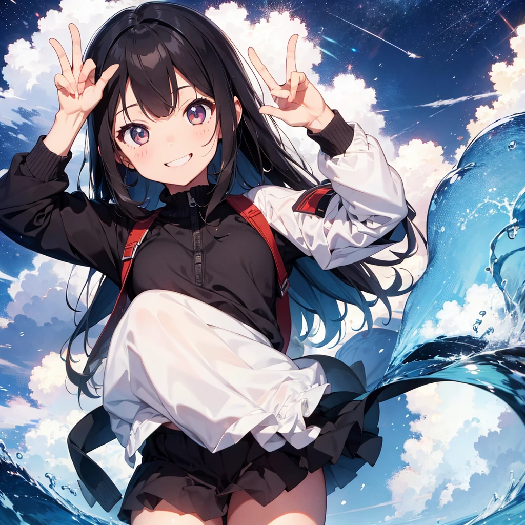 1girl、V sign next to head、Simple Background、smile、Focus on face and hands、The best composition、