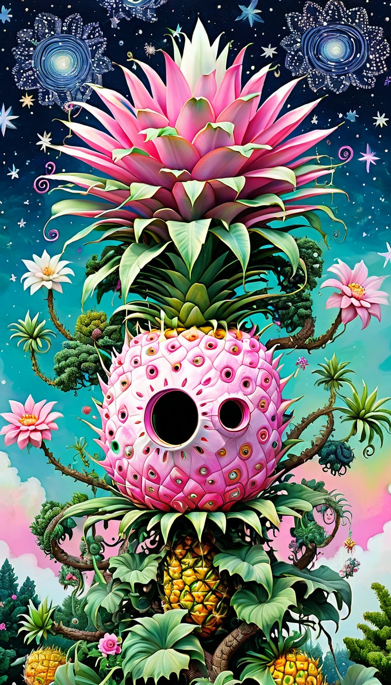 Pink hollow pineapple house on the tree top，plant，flower，Tentacles，Eye、Starry Sky，Stitching together an abstract painting，Describing the inner world of autistic people，Sense of space，White Space，interesting，Innocence，Psychedelic Art，Pink theme