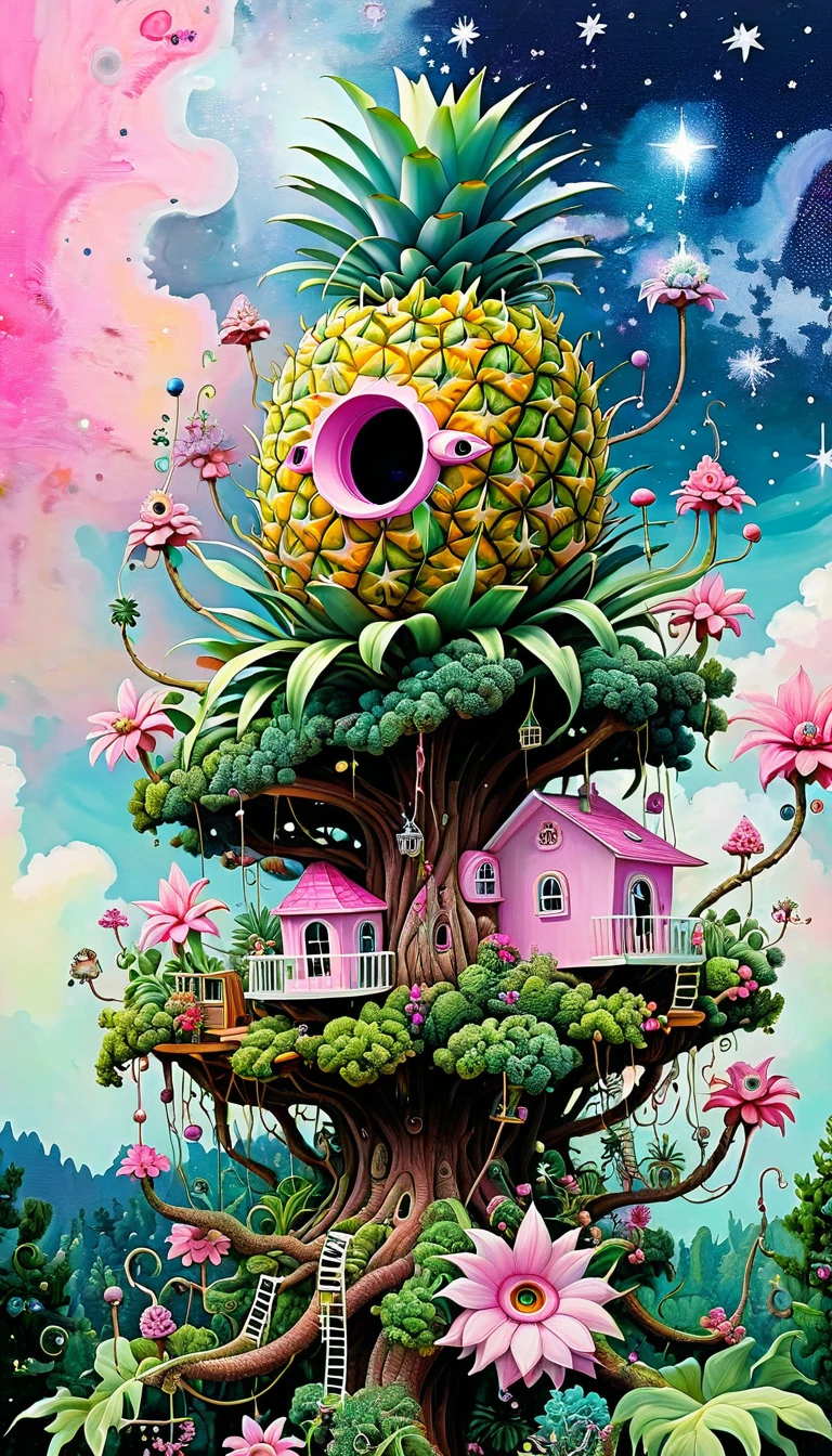 Pink hollow pineapple house on the tree top,plant,flower,Tentacles,Eye、Starry Sky,Stitching together an abstract painting,Describing the inner world of autistic people,Sense of space,White Space,interesting,Innocence,Psychedelic Art,Pink theme