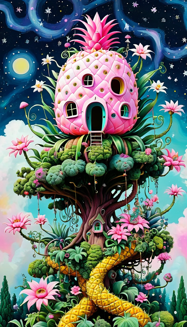 Pink hollow pineapple house on the tree top,plant,flower,Tentacles,Eye、Starry Sky,Stitching together an abstract painting,Describing the inner world of autistic people,Sense of space,White Space,interesting,Innocence,Psychedelic Art,Pink theme
