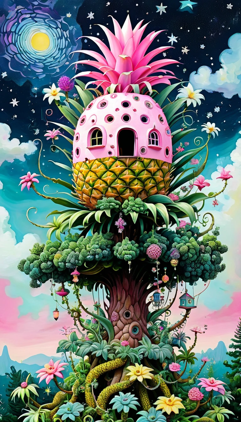 Pink hollow pineapple house on the tree top,plant,flower,Tentacles,Eye、Starry Sky,Stitching together an abstract painting,Describing the inner world of autistic people,Sense of space,White Space,interesting,Innocence,Psychedelic Art,Pink theme
