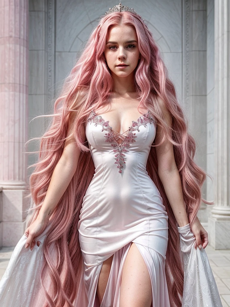 full body portrait of a 18 year old young woman with striking pink hair, , ava max, with pink hair, kailee mandel, long flowing pink hair, pink wispy hair, flowing pink hair, pink hair, light pink hair, long pink hair, long hair, curly hair, hair falling in loose on shoulders in a white dress walking in a white room, emma watson as the queen of , sorceress, queen, fantasy long intricate gown, the queen, fantasy dress, queen of and storm, wearing fantasy formal clothing, princess, queen of winter, winter princess, goddess of winter, ((a beautiful fantasy empress)), 8k, instagram trending, ultra realistic, beautiful, high detailed face, white room, white dress