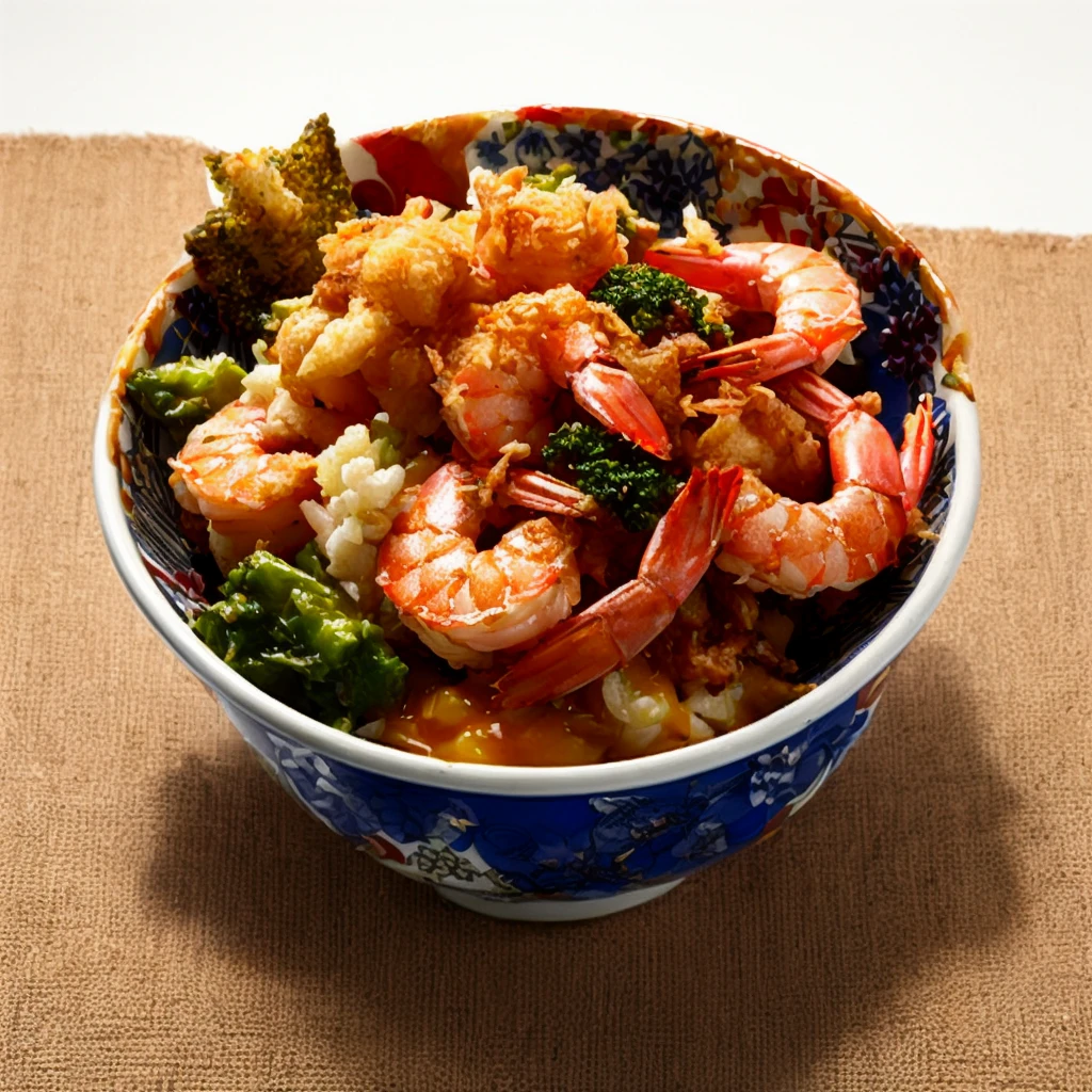there is a bowl of food with shrimp and other food items, Tempura on the panel, japanese fusion cuisine, bowl, bowl filled with food, Banchou, kantoku, The shore is empty, By Toshihide Nishida, by Shunbaisai Hokuei, Kano Tanyou, style of shuzo oshimi