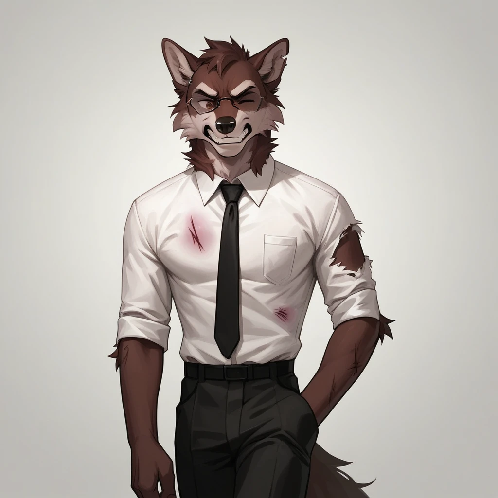 Solo, score_9,score_8_up,score_7_up, an Anthro furry male wolf, Tall and slender, skinny, brown shaggy hair, brown eyes, one eye closed. One black eye, black thick rim glasses, cracked broken glasses, wearing white button up shirt, black tie, black slacks, ripped shirt, untied messy tie, simple white background, clenched teeth, frowning, lookin like he’s in pain, holding some cash dollars, limping, walking, beaten and bruised