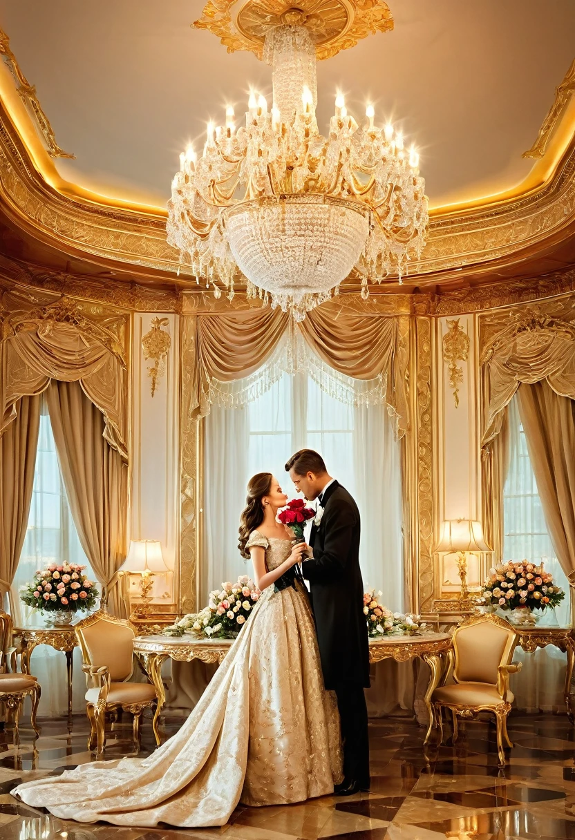 Design an image depicting a romantic gesture in an opulent setting, where a dashing man presents a bouquet of roses to a radiant woman. They stand in a lavishly decorated room adorned with chandeliers, ornate furnishings, and soft candlelight, creating a scene of timeless romance and refined elegance.